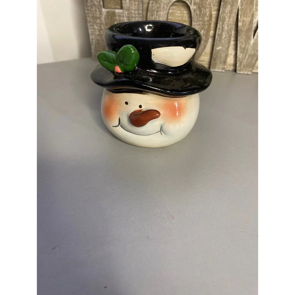 Ceramic Snowman Head Tealight Candle Holder Black Top Hat Green‎ Leaves
